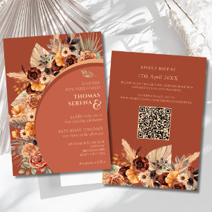 Invitation Pampas Grass Terracotta Rustic QR Code Mariage