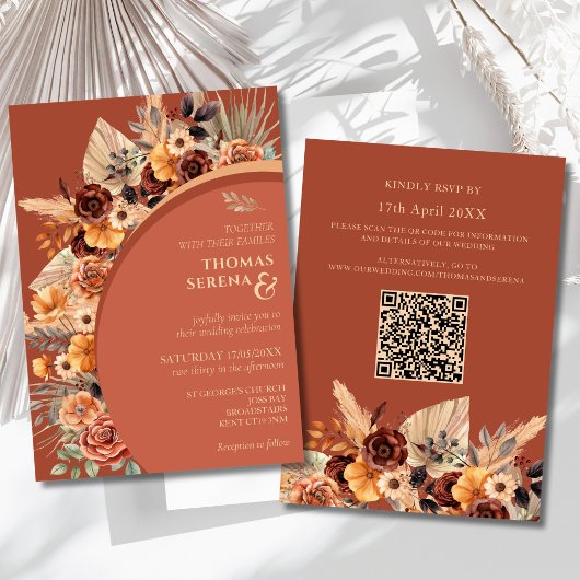Invitation Pampas Grass Terracotta Rustic QR Code Mariage