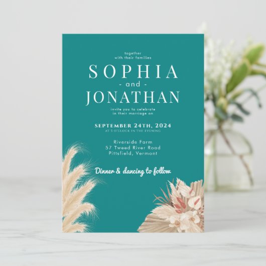 Invitation Pampas Grass Turquoise Vert Bleu Mariage Moderne C (Debout devant)