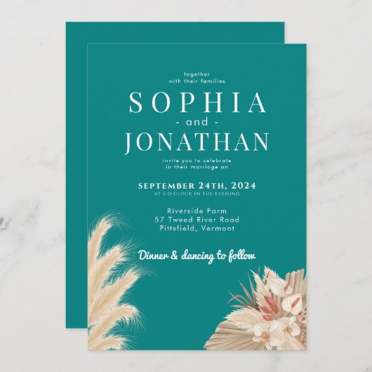 Invitation Pampas Grass Turquoise Vert Bleu Mariage Moderne C (Devant / Derrière)