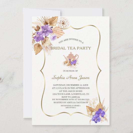Invitation Pampas Grass violet orchidée Gold Bride Tea Party (Devant)