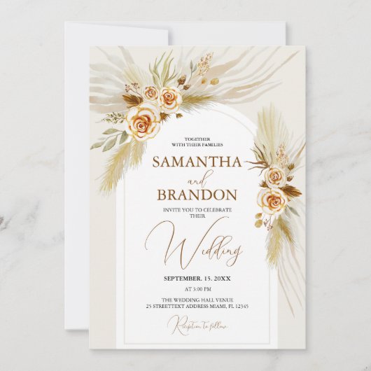 Invitation Pampas herbe aquarelle boho mariage (Devant)