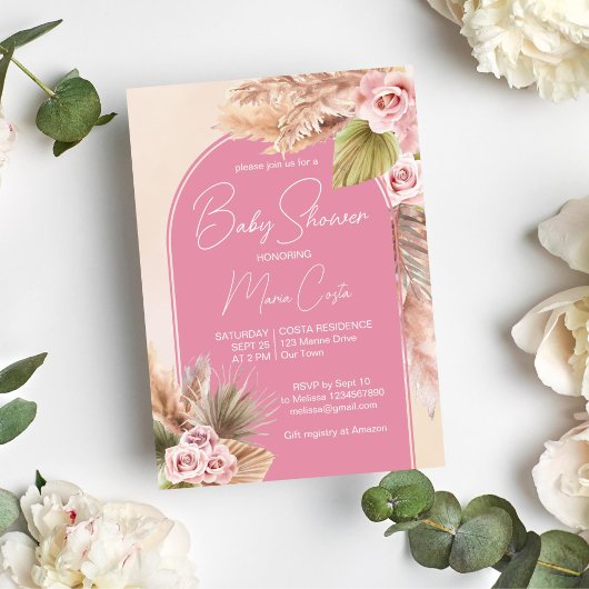 Invitation Pampas herbe boho arche rose baby shower
