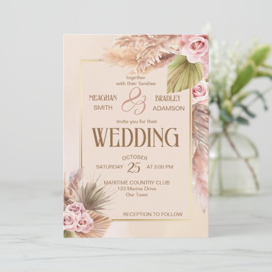 Invitation Pampas herbe boho fleurs mariage de automne (Debout devant)