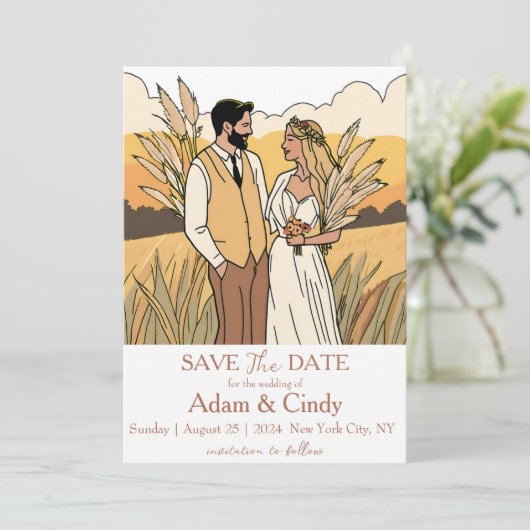 Invitation pampas herbe boho sauver les dates (Debout devant)