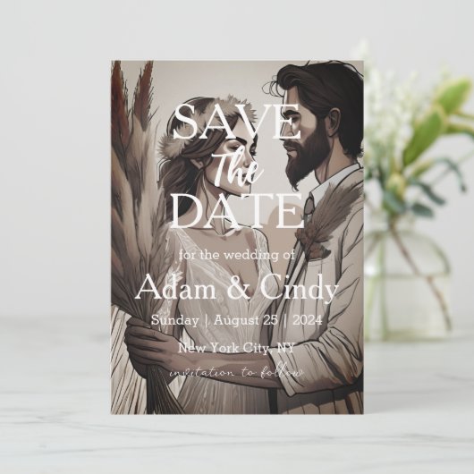 Invitation pampas herbe boho sauver les dates (Debout devant)