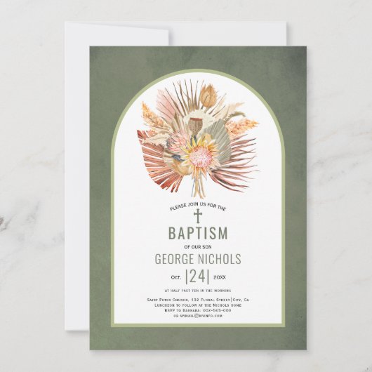 Invitation Pampas herbe et palmier gris vert baptême (Devant)