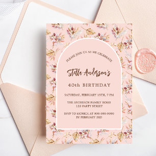Invitation Pampas herbe fleurie rose or boho anniversaire