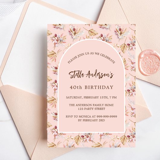 Invitation Pampas herbe fleurie rose or luxe anniversaire
