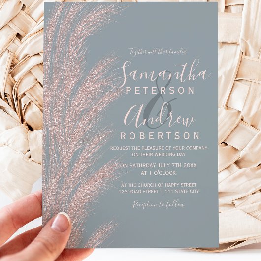Invitation Pampas herbe rose or parties scintillant bleu pous