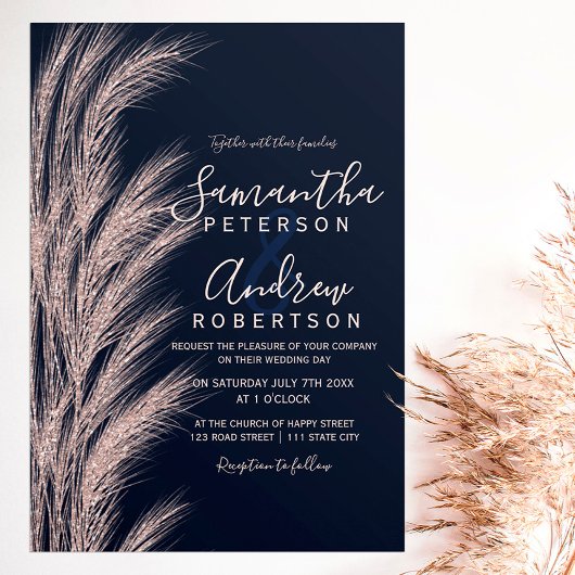 Invitation Pampas herbe rose or parties scintillant marine bl