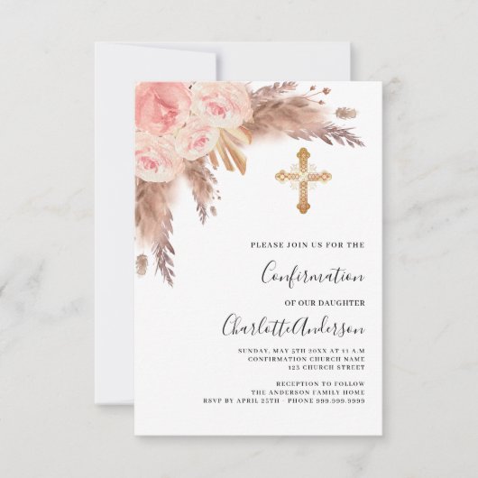Invitation Pampas herbe rose or rose croix confirmation (Devant)
