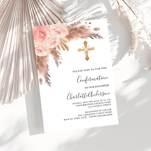 Invitation Pampas herbe rose or rose croix confirmation