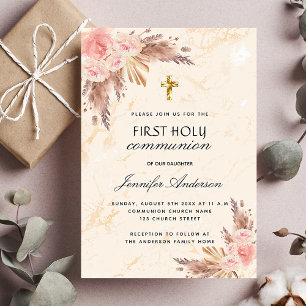 Invitation Pampas herbe rose rougir première communion sainte