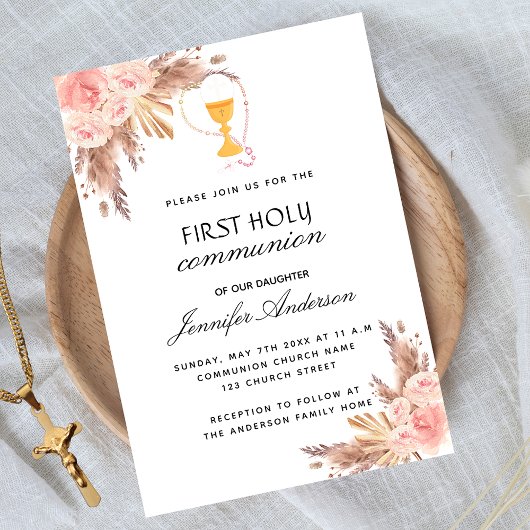 Invitation Pampas herbe rose rougir première communion sainte