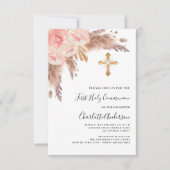 Invitation Pampas herbe rose rousse croix première communion  (Devant)