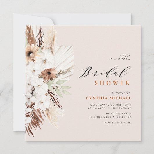 Invitation pampas herbe terre cuite boho douche nuptiale (Devant)
