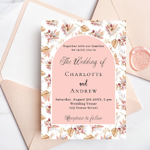 Invitation Pampas herbes fleurs rose or boho luxe mariage
