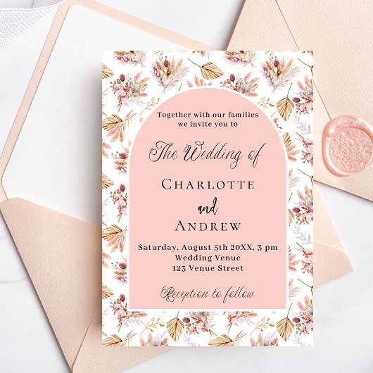 Invitation Pampas herbes fleurs rose or boho luxe mariage
