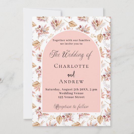Invitation Pampas herbes fleurs rose or boho mariage (Devant)