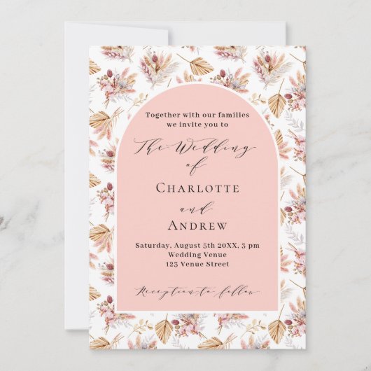 Invitation Pampas herbes fleurs rose or boho script mariage (Devant)