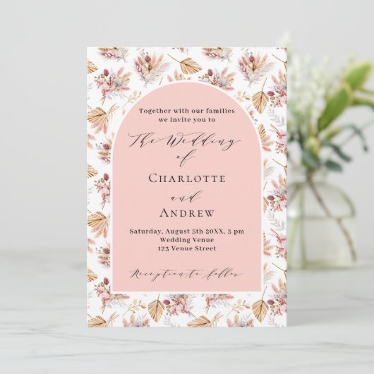 Invitation Pampas herbes fleurs rose or boho script mariage (Debout devant)