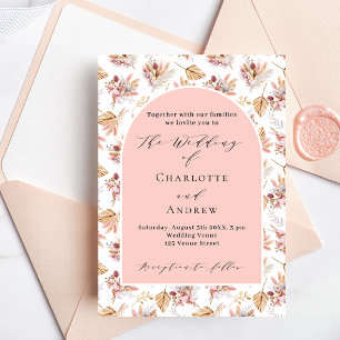 Invitation Pampas herbes fleurs rose or boho script mariage
