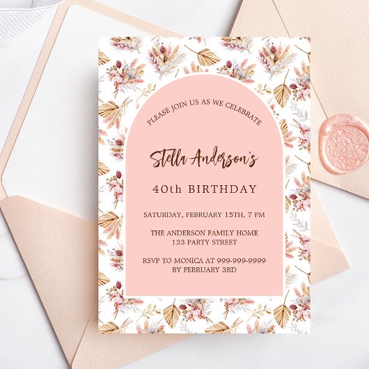 Invitation Pampas herbes fleurs rose or luxe anniversaire