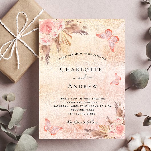 Invitation Pampas mariage herbe rose or papillon luxe papillo
