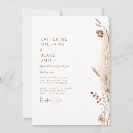 Invitation Pampas Moderne Avec Mariage Texte Or (Devant)