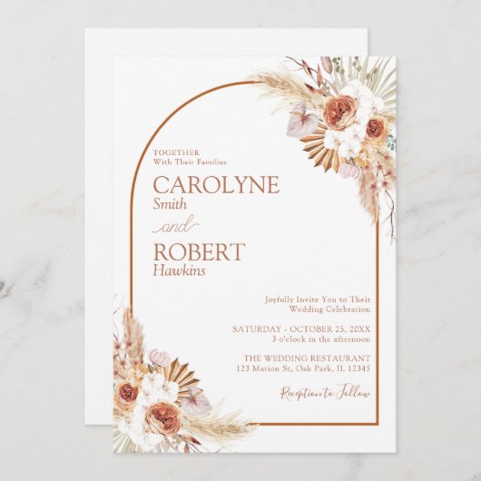 Invitation Pampas moderne Grass Bohemian Terracotta Mariage E (Devant / Derrière)