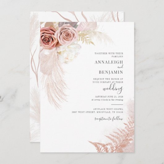 Invitation Pampas moderne Grass Script Mariage Palmiers séché (Devant / Derrière)
