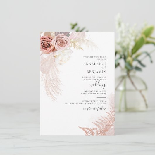 Invitation Pampas moderne Grass Script Mariage Palmiers séché (Debout devant)