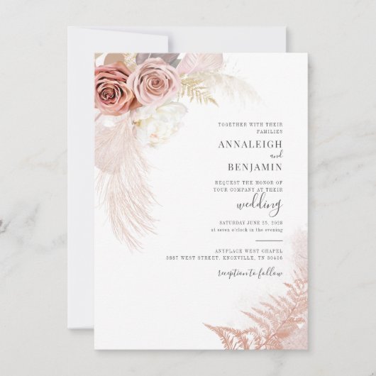 Invitation Pampas moderne Grass Script Mariage Palmiers séché (Devant)