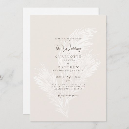 Invitation Pampas neutre mariée moderne Muté Mariage parent (Devant / Derrière)
