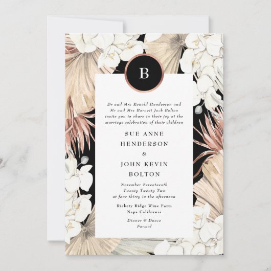 Invitation Pampas noir et Mariage Rose Gold Foil (Devant)