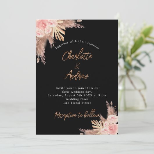 Invitation Pampas noir mariage gazon rose or fleuri luxe (Debout devant)