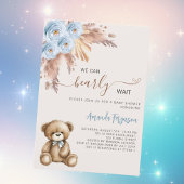 Invitation Pampas ours en teddy floral bleu garçon baby showe