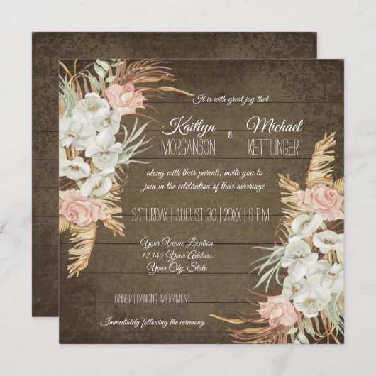 Invitation Pampas Palm Folid Orchid Floral Rustique Mariage (Devant / Derrière)