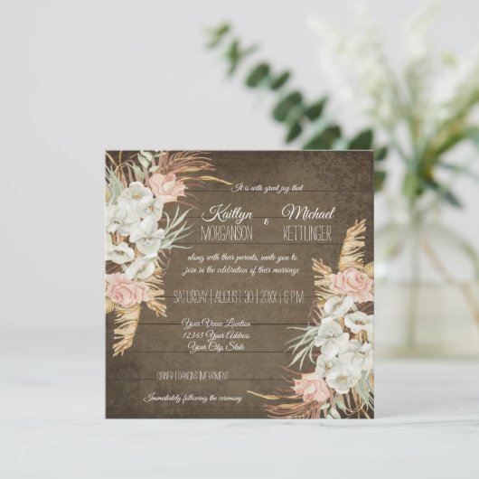 Invitation Pampas Palm Folid Orchid Floral Rustique Mariage (Debout devant)