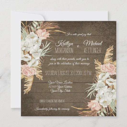 Invitation Pampas Palm Folid Orchid Floral Rustique Mariage (Devant)