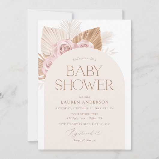 Invitation Pampas Pampas Pâtes Rose Baby shower fille (Devant)
