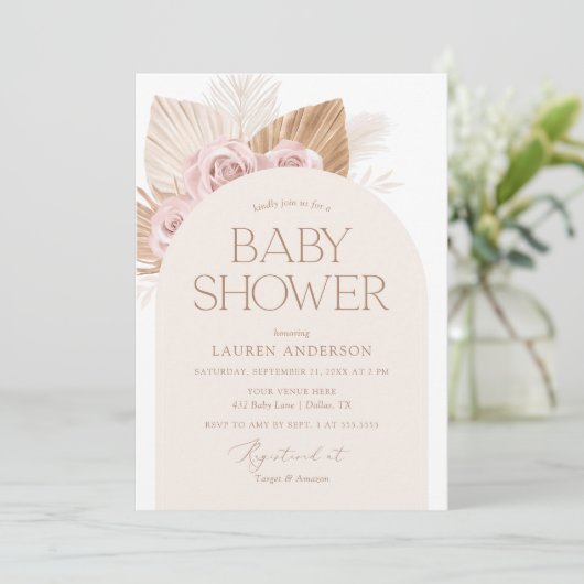 Invitation Pampas Pampas Pâtes Rose Baby shower fille (Debout devant)