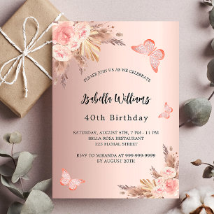 Invitation Pampas papillon d'anniversaire rose or fleuri luxe