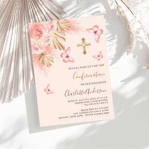 Invitation Pampas papillon rose pêche luxe Confirmation