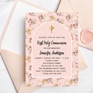 Invitation Pampas première communion fleurs d'herbe or rose