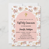 Invitation Pampas première communion fleurs rose or luxe (Devant)