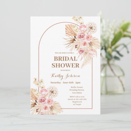 Invitation Pampas rose Boho Grass nuptiale de douche Invitati (Debout devant)