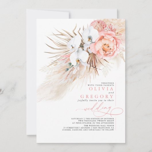 Invitation Pampas rose doux Mariage Tropical (Devant)