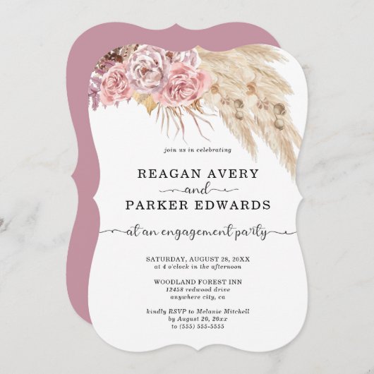 Invitation Pampas Rose en laiton et Fiançailles pourpre (Devant / Derrière)